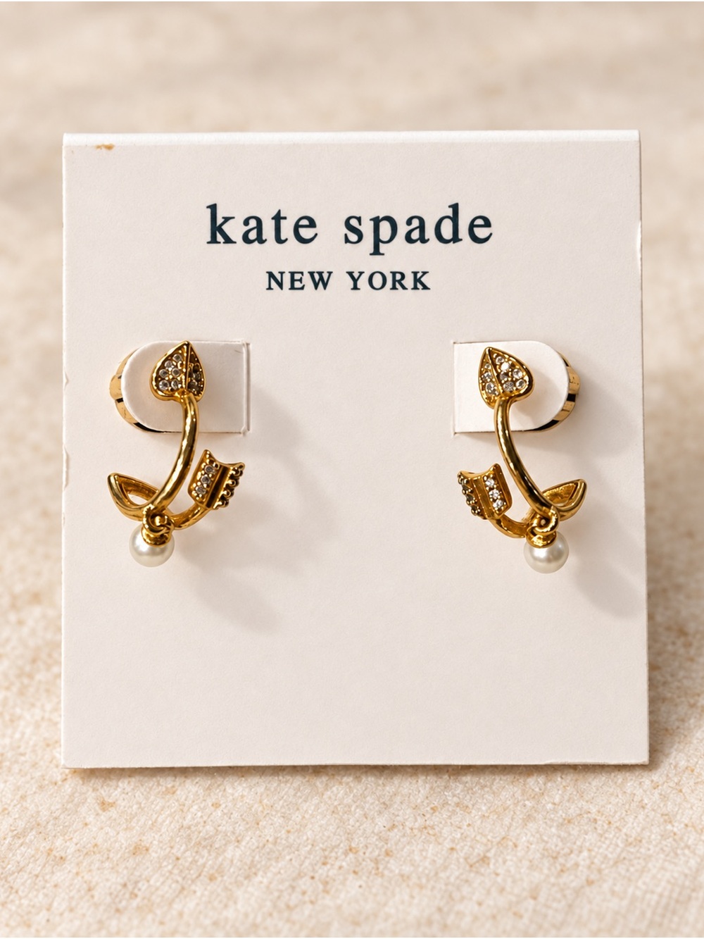 Kate Spade Love Game Cupid Arrow Pearl Earrings Gold Tone